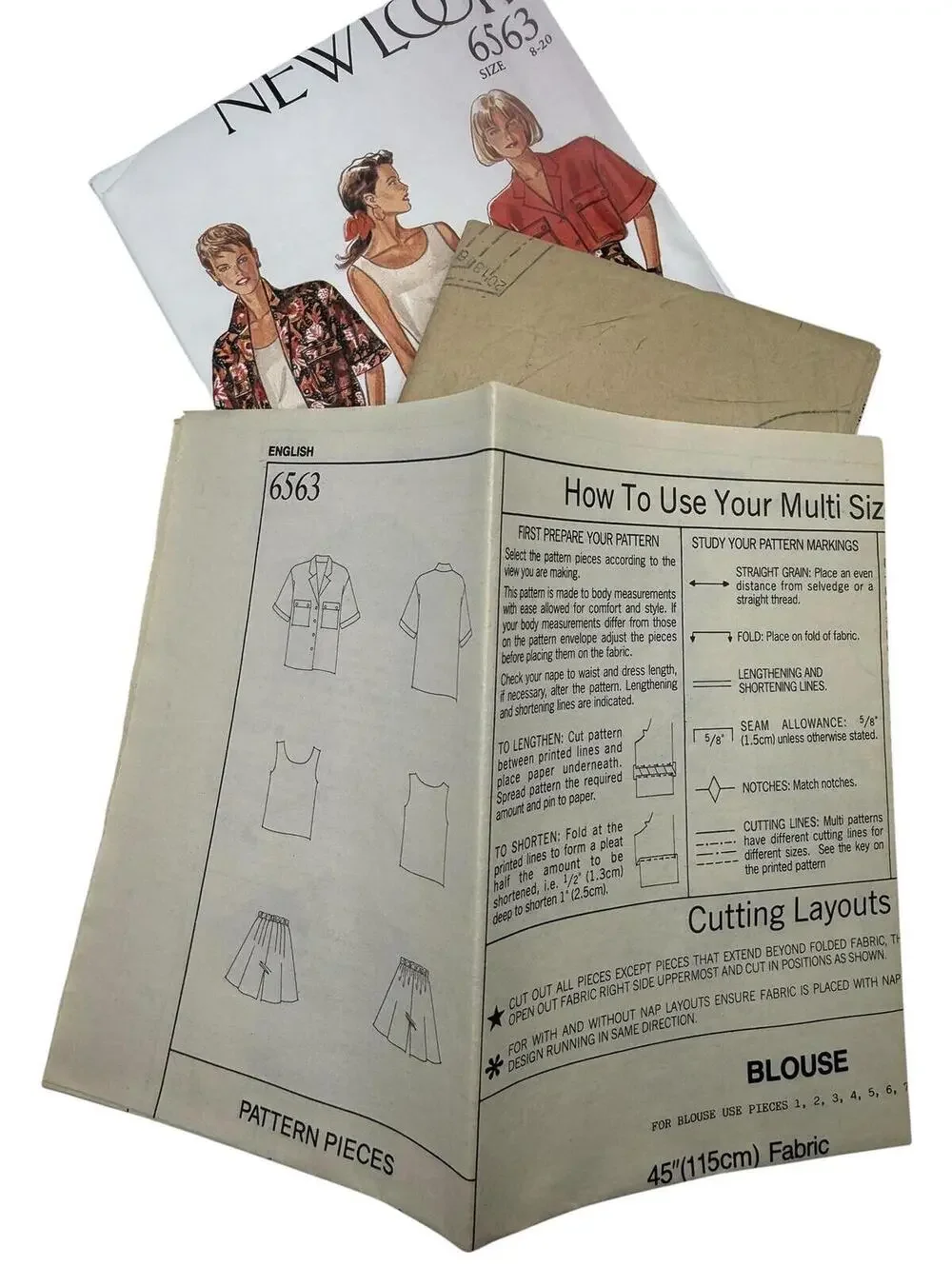 80s New Look 6563 Blouse and Shorts Pattern, Sizes 8-20, Factory Folds, Un-Cut